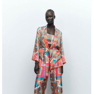 Zara Printed Vibrant Kimono Style Belted Top & Bottom Set